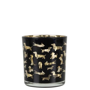 Photophore en verre GEORGETTE avec motif teckel, noir mat et doré brillant, 8cm, Ø7,5cm