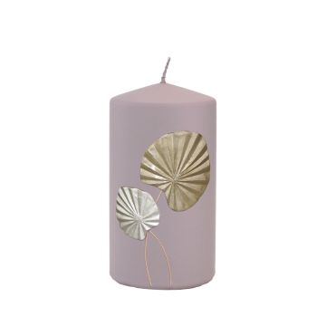 Bougie pilier LLUVIA, motif feuille de palmier, mauve, 13cm, Ø7cm, 52h