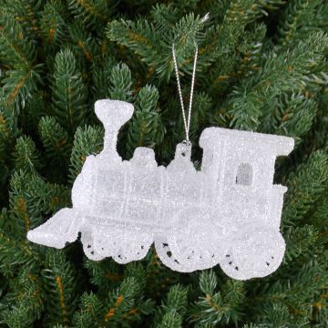 Pendentif acrylique locomotive GEREON, paillettes, blanc-argent, 12x7cm Pendentif acrylique locomotive GEREON, paillettes, blanc-argent, 12x7cm