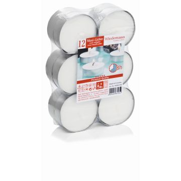 Lot de 12 grandes bougies chauffe-plat KENNY, blanc, 1,9cm, Ø5,7cm, 8h