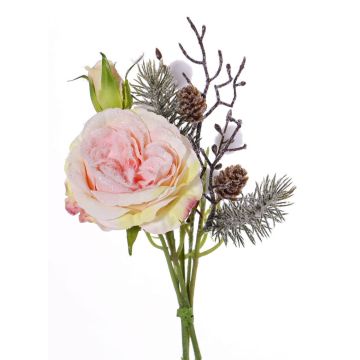 Bouquet de roses artificielles FANNI, pommes de pin, neige, rose, 30cm, Ø15cm
