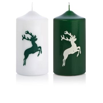 Bougie avec motif / Bougie de Noël DALDI, motif cerf, lot de 2, vert foncé, 15cm, Ø8cm, 69h - Made in Germany