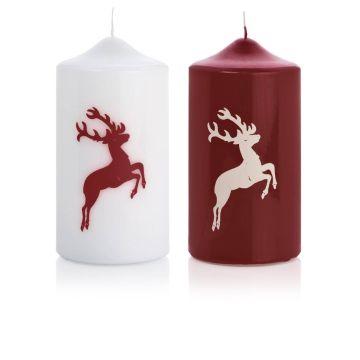 Bougie avec motif / Bougie de Noël DALDI, motif cerf, lot de 2, bordeaux, 15cm, Ø8cm, 69h - Made in Germany