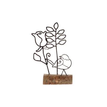 Figurine décorative PANINO avec oiseau et fleurs, métal, pied en bois, noir-brun, 13x4x18,5cm