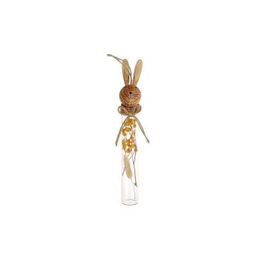 Suspension décorative Tube en verre NARNIKA avec tête de lièvre et fleurs séchées, décoration de Pâques, jaune-brun, 5x3,5x25cm
