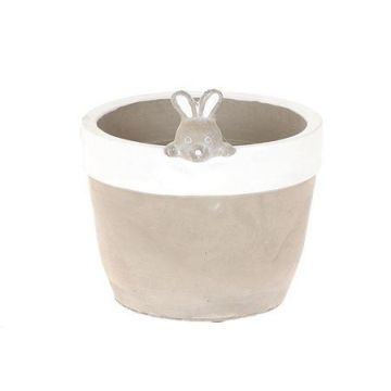 Pot de fleurs BONCHI avec tête de lapin, céramique, décoration de Pâques, gris-blanc, 12,4cm, Ø12,4cm