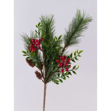 Branche artificielle FREDEGONDA, pin, baies du sorbier, pommes de pin, rouge-vert, 65cm