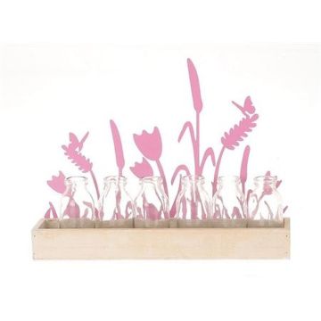 Plateau en bois HIFTU avec 6 bouteilles en verre, fleurs en zinc, rose, 35x6x28,5cm