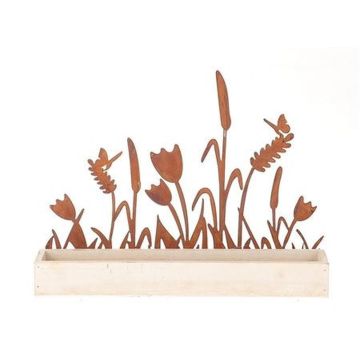 Plateau en bois HIFTU avec 6 bouteilles en verre, fleurs en zinc, rouille, 35x6x28,5cm