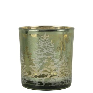 Photophore en verre MARCELLUS avec motif de sapins enneigés, vert mat et or brillant, 8cm, Ø7,5cm