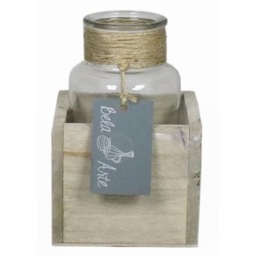Bouteille en verre LORRIE dans une boîte en bois, transparent, 9x9x13cm