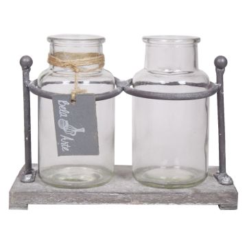 Bouteilles en verre LORRIE avec support en bois, 2 verres, transparent, 19,5x10x14,5cm