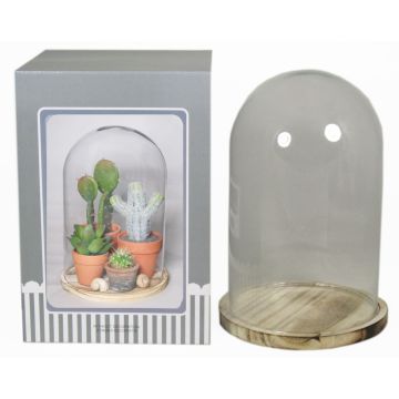 Cloche en verre SABIKA avec base en bois marbré, transparent, 25cm, Ø17,5cm