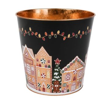 Pot de fleurs en zinc MAVETA avec motif maison en pain d'épices, noir-cuivre, 18cm, Ø20,5cm
