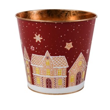 Pot de fleurs en zinc MAVETA avec motif maison en pain d'épices, rouge foncé-cuivre, 18cm, Ø20,5cm