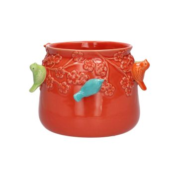Pot de fleurs BIRDIE en céramique, avec des oiseaux en 3D, rouge-bleu-vert-orange, 11cm, Ø13,5cm