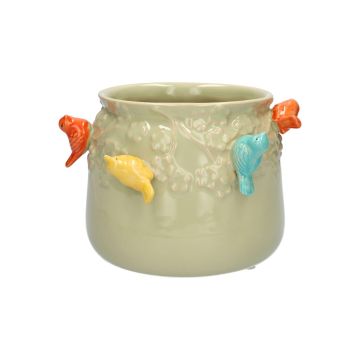 Pot de fleurs BIRDIE en céramique, avec des oiseaux en 3D, vert-orange-jaune-bleu, 11cm, Ø13,5cm