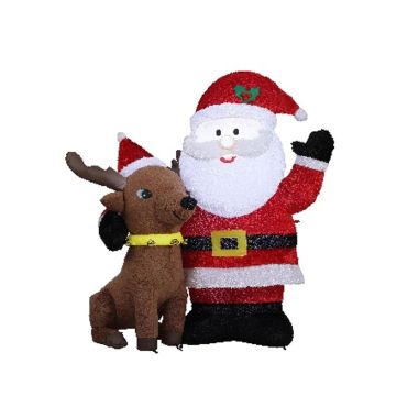 Décoration XXL Père Noël et renne SISSA, gonflable, en peluche, LED, rouge-blanc-brun, 155x70x183cm Décoration XXL Père Noël et renne SISSA, gonflable, en peluche, LED, rouge-blanc-brun, 155x70x183cm