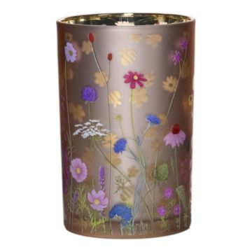 Photophore en verre ANNELOTTE avec motif de fleurs sauvages et de bourdons, multicolore mat et doré brillant, 18 cm, Ø 12 cm Photophore en verre ANNELOTTE avec motif de fleurs sauvages et de bourdons, multicolore mat et doré brillant, 18 cm, Ø 12 cm