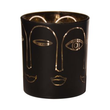 Porte-bougie en verre LEOLINE avec visages, noir-or, 8cm, Ø7cm