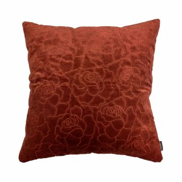 Coussin en velours ALAIA, motif roses, rouille, 45x45cm