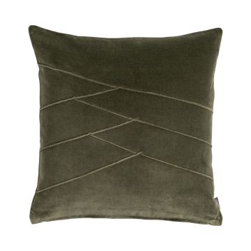 Coussin douillet en velours NOELANI, coutures décoratives obliques, vert olive, 45x45cm