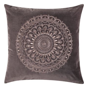 Coussin décoratif NIKARA, gris clair, motif mandala, 60x60cm