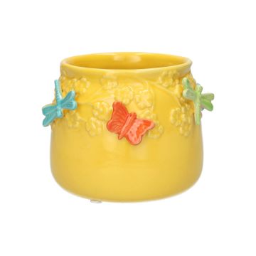 Pot de fleurs KIMANA en céramique, papillons libellules en 3D, jaune-orange-bleu-vert, 11cm, Ø13,5cm
