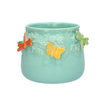 Pot de fleur KIMANA en céramique, papillons libellules en 3D, bleu-orange-jaune-vert, 11cm, Ø13,5cm