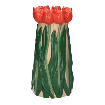 Vase décoratif LIMEA en dolomite, tulipes en 3D, beige-rouge-vert, 24,5cm, Ø12,5cm