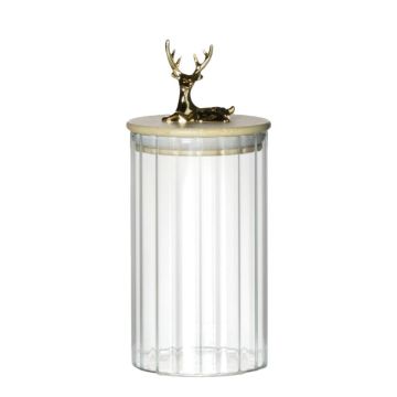 Bocal de conservation LEOPOLDO avec couvercle en bois, poignée en forme de chevreuil, transparent, 15,5 cm, Ø 9 cm Bocal de conservation LEOPOLDO avec couvercle en bois, poignée en forme de chevreuil, transparent, 15,5 cm, Ø 9 cm