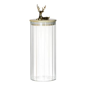 Bocal de conservation LEOPOLDO avec couvercle en bois, poignée en forme de chevreuil, transparent, 20,5 cm, Ø 9 cm Bocal de conservation LEOPOLDO avec couvercle en bois, poignée en forme de chevreuil, transparent, 20,5 cm, Ø 9 cm