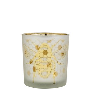 Photophore en verre BRITTANI avec motif d'abeilles, blanc-mat-doré brillant, 8 cm, Ø 7 cm Photophore en verre BRITTANI avec motif d'abeilles, blanc-mat-doré brillant, 8 cm, Ø 7 cm