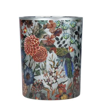 Photophore en verre IRMINGARD avec motif dahlias et faisan, multicolore-mat-argent brillant, 12,5cm, Ø10cm