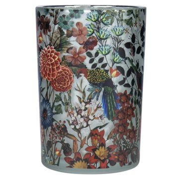 Photophore en verre IRMINGARD avec motif dahlias et faisan, multicolore-mat-argent brillant, 18cm, Ø12cm