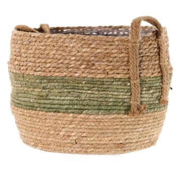 Cache-pot en osier UPALI, jonc de mer tressé, 2 poignées, beige-vert, 26 cm, Ø 33 cm