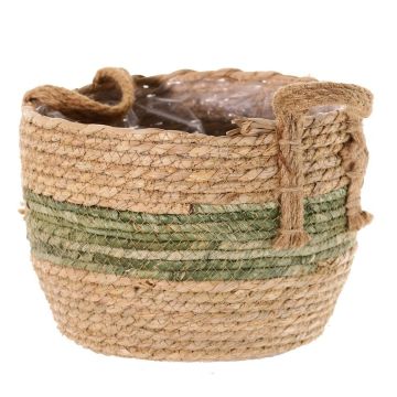 Cache-pot en osier UPALI, jonc de mer tressé, 2 poignées, beige-vert, 22 cm, Ø 30 cm