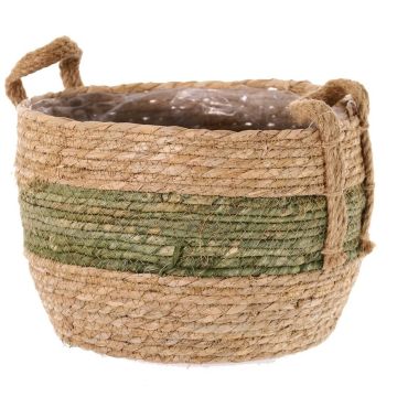 Cache-pot en osier UPALI, jonc de mer tressé, 2 poignées, beige-vert, 19 cm, Ø 24 cm