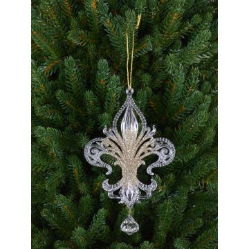 Pendentif décoratif Lys héraldique AZARIEL en acrylique, paillettes, transparent-or, 15cm