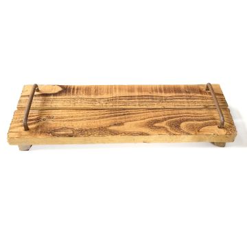 Plateau en bois au style vintage FENRIK avec anse, naturel-flammé, 50x14x4cm
