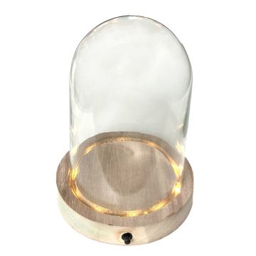Cloche en verre BENIGNA avec LEDs, fond en bois, transparent, 13,5cm, Ø12cm