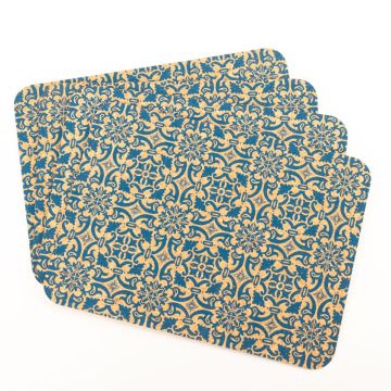 Set de table rectangulaire en liège ROHESIA, motif oriental, 4 pièces, naturel-bleu, 40x30x0,3cm Set de table rectangulaire en liège ROHESIA, motif oriental, 4 pièces, naturel-bleu, 40x30x0,3cm