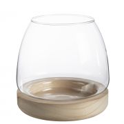 Bougeoir TONDA en verre, socle en bois, transparent, 15cm, Ø15cm