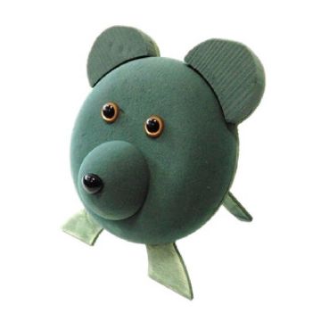 OASIS Mousse à piquer humide en forme de visage d'ours en peluche 3D LINOU, support en bois Bioline, trépied en bois, vert, 30x23x12cm