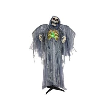 Figurine décorative d'Halloween Ange de la mort squelette HALDOR avec ailes, fonction sonore et mouvement, LEDs, gris, 100x60x175cm