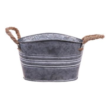 Pot à plantes ovale en zinc MICOLATO avec anse, rainures, gris, 23x14x13cm