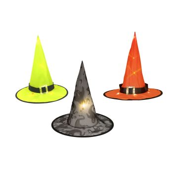 Chapeau de sorcière décoratif d'Halloween PETRISSA, 3 pièces, suspendu, LEDs, 38cm, Ø36,5cm