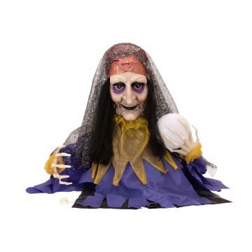 Figurine décorative d'Halloween diseuse de bonne aventure COLETTA avec boule, fonction sonore et mouvement, LEDs, 50cm