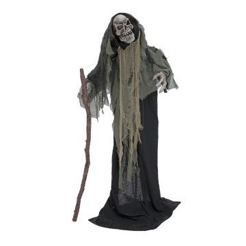 Figurine décorative d'Halloween Squelette WILBERT, cape, canne, fonction sonore et mouvement, LEDs, 160cm