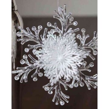 Pendentif acrylique Flocon de neige BALADI, paillettes, transparent-argenté-blanc, Ø15cm